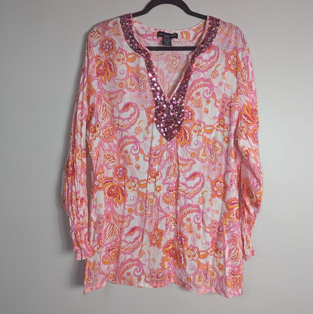 2X Saint Tropez West Pink Print Sequined V-Neck Linen Blend Tunic Top